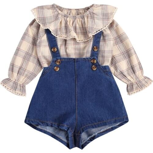 Hot Sale 2Pcs Newborn Casual Outfits Baby Girl Long Sleeve Ruffle Collar Plaid Pullover Blouse+Short Denim Suspender Pants 0-24M