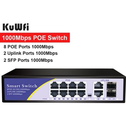 KuWFi POE Gigabit Switch 48V 8 Ports POE 10/100/1000Mbps Network Switch 2Uplink + 2SFP Port for CCTV IP Camera Wireless AP