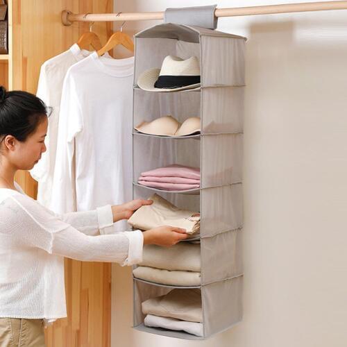 Multi Layer Wardrobe Closet Foldable Organizer 6 Shelf Section Hanging Shelf Shoes Clothes Storage Rack Holder Organiser