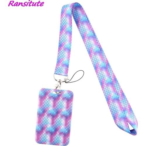 Ransitute R1961 Fashion Mermaid Scale Lanyard Card ID Holder Car KeyChain ID Card Pass Gym Phone Badge Key Ring Holder Jewelry
