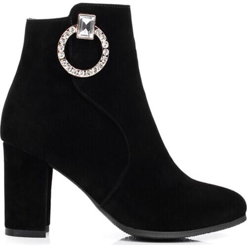 New Fashion Chunky High Heels Diamonds Zip Ankle Boots for Women Riding Boots Winter Shoes Women