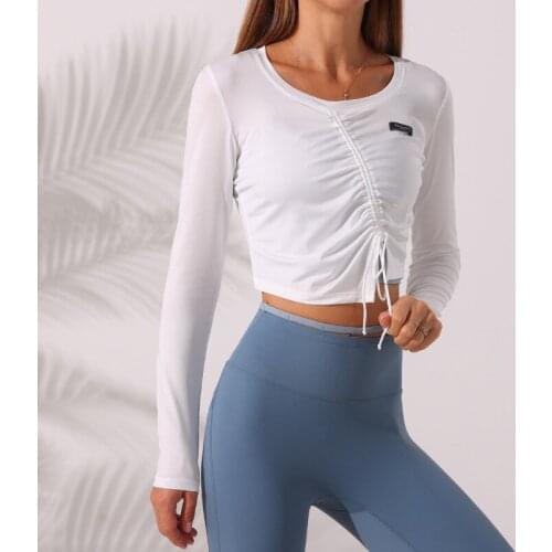 Autumn New Simple Round Neck Yoga Shirt Womens Long-Sleeve Drawstring Fitness Exercise Irregular Hem Outdoor Running T-Shirt