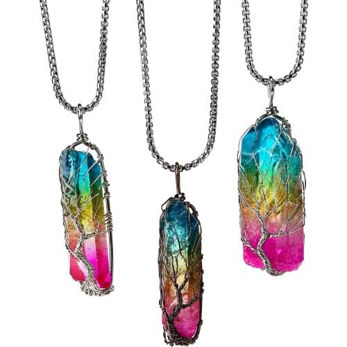 Handmade tree of Life necklace natural White crystal Rough Hexagonal column winding pendant DIY Jewelry