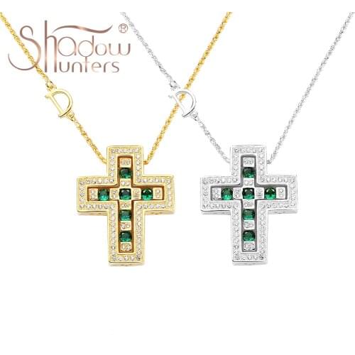 SHADOWHUNTERS Real 925 Sterling Silver Cross Necklace With Green Zircon Big And Small Cross Pendant Twisted Water Wave Chain Man