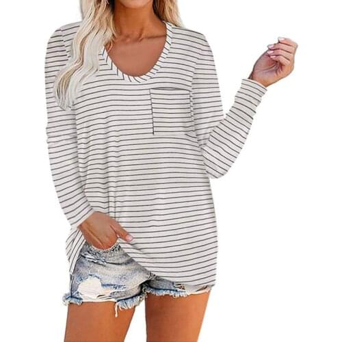 Casual Autumn Women Pockets T-shirt Round Collar Striped Bag Long-sleeved Casual Loose TShirts