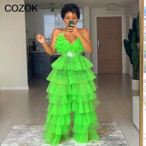 Puffy Two Pieces Women Prom Dresses Sets Tiered Ruffle Neon Green Plus Size Blouse Tops And Pants Tulle Pants Evening Gown