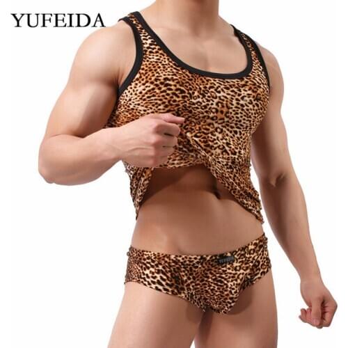 Leopard Print Mens Undershirts Sleeveless Tops Boxer Briefs Underwear Slim Fitness T-shirts Vest Sport Suit Mens Clothes Set