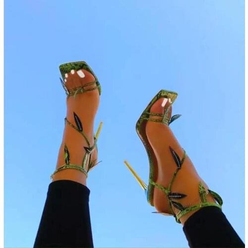 2021 Fashion Snake Skin Summer Sandals Lace Up Cross-tied Peep Toe High Heel Ankle Strap Net Surface Hollow Out Sandals 35-42