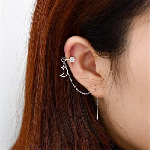 1 Pcs 925 Sterling Silver Piercing Tassel Crystal Moon Stud Earrings For Women Girls Wedding Party Jewelry Pendientes eh001