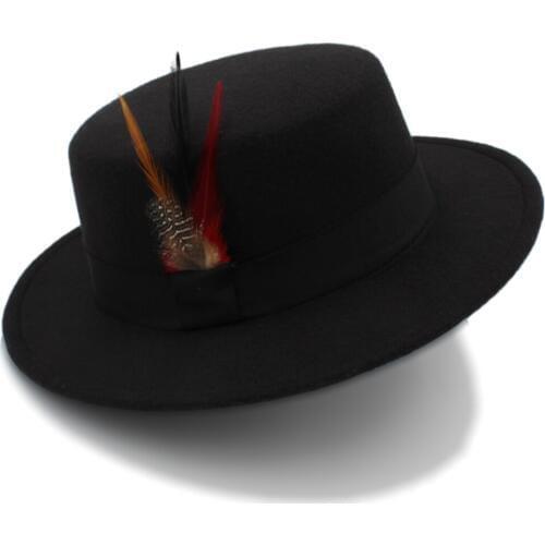 Unisex Retro Pure Wool Fedora Pork pie Pork-pie Hat Black Ribbon Pheasant Feathers Band Bowler Round Top Cap (57cm,Adjust Rope)