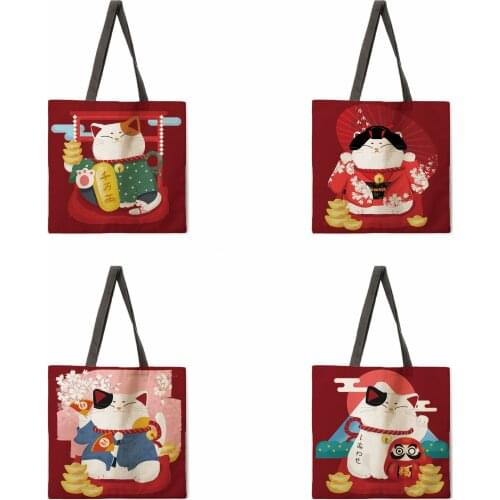 Folding shopping bag red lucky cat lady shoulder bag female leisure handbag outdoor beach bag female tote bag
