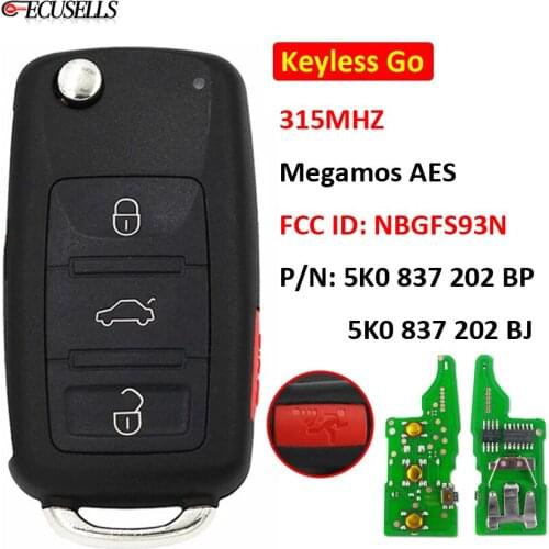 Keyless Smart Remote Car Key 315Mhz Megamos AES ID48 Chip NBGFS93N 5K0 837 202 BJ 5K0 837 202 BP for Volkswagen Jetta Passat