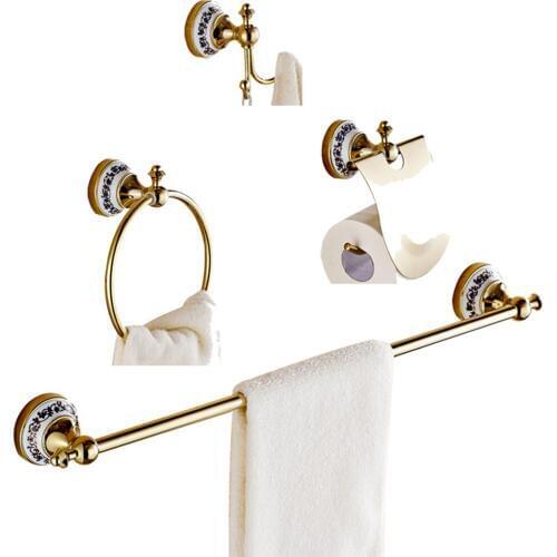 Leyden Golden Brass And Creamic Modern 4pcs Bathroom Hardware Sets Towel Bar Holder Towel Ring Toilet Paper Holder Robe Hooks