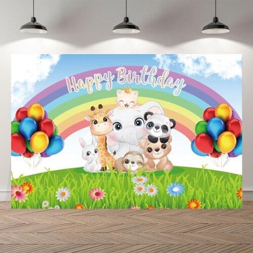 Spring Grass Cartoon Animals Party Happy Birthday Photo Backgrounds Colorful Balloons Elephant Baby Shower 1st Birthday Backdrop