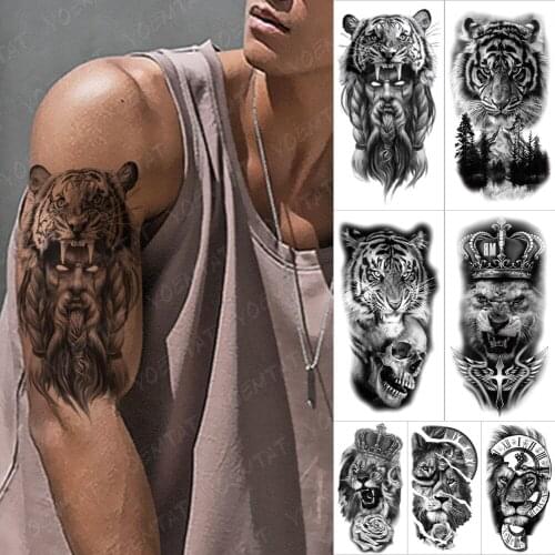 Waterproof Temporary Tattoo Sticker Hunter Tiger Crown Flash Tattoos Lion Rose King Clock Body Art Arm Fake Tatoo Women Men