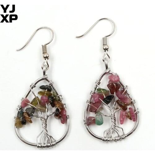 YJXP Silver Plated Wire Wrap Tree of Life Water Drop Tourmaline Stone Dangle Earrings Trendy Jewelry