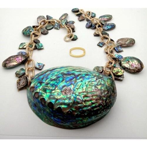 YYGEM 25'' Natural big multi shape Rainbow Abalone Shell Pendant O-link chain Necklace