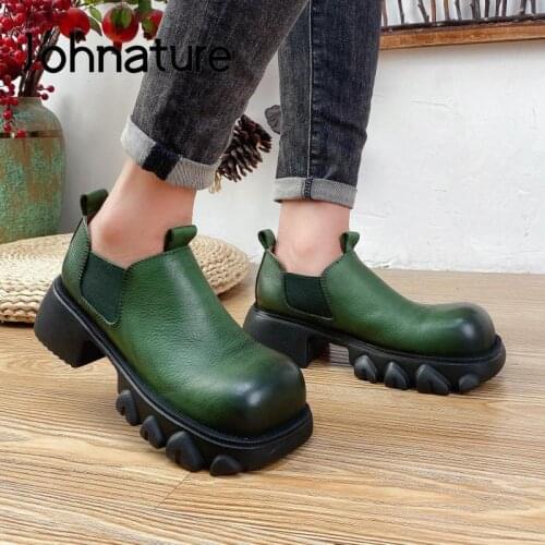 Johnature Pumps Women Shoes Genuine Leather Square Toe 2021 New Autumn Retro Platform Heels Handmade Concise Casual Ladies Shoes