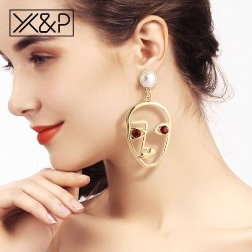 X&P Fashion Gold Face Drop Earrings for Women Female Statement Punk Geometry Hollow Long Metal Dangle Hanging Earring Jewelry