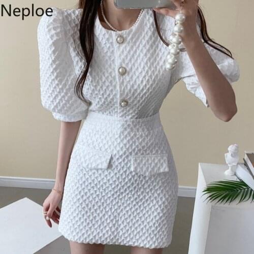 Neploe 2 Piece Set Women Office Lady Elegant Puff Tops Bodycon Mini Skirt Outfits Summer Korean Suit Vintage Two Pieces Sets
