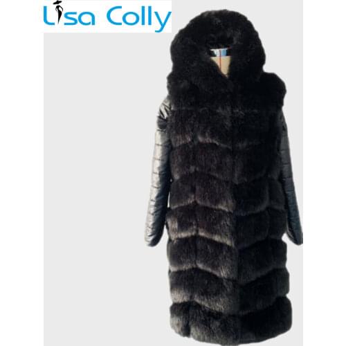 90CM Winter Women Black Leather Removable Sleeve Fur Jacket With Hooded Women Faux Fox Fur Coat High imitation Fox Fur Jacket