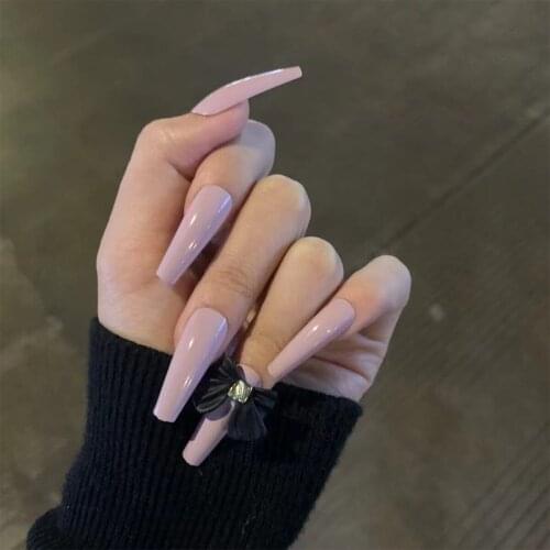 24pcs Fake Stiletto Taro Purple Bow Nails Patch Glue Type Long Paragraph Removable Fashion Manicure Patch False Nails Patch NE