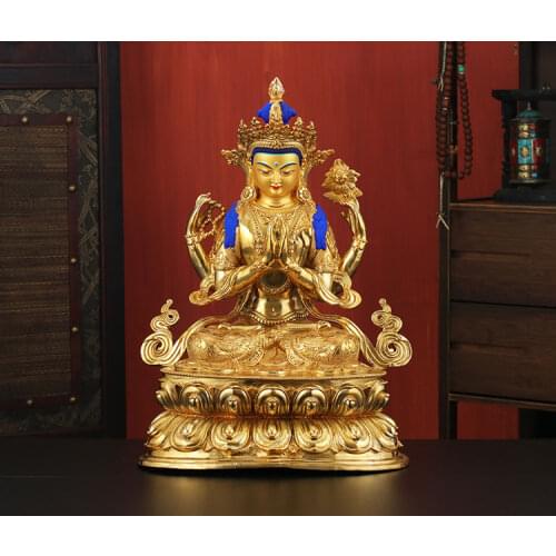 46CM huge large good Buddha HOME Temple Greco-Buddhist efficacious Protection # Buddhism Four arm Guanyin Buddha gild statue