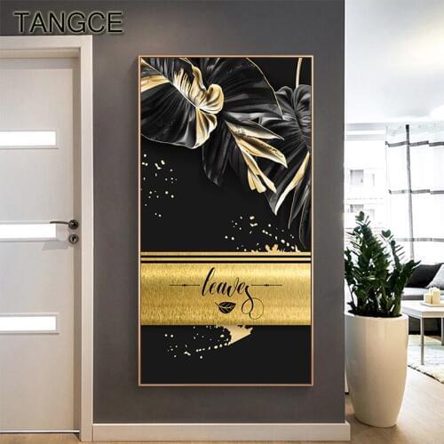 Abstract Black and Gold Leaf Canvas Painting Bright Cuadros Festival Poster and Print Big Wall Art Picture for Christmas Decor