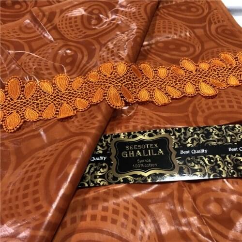 African Cotton Ghalila Shiny Orange Bazin Riche Fabric 5yards with 10yards cord lace matching guipure lace fabric with bazin