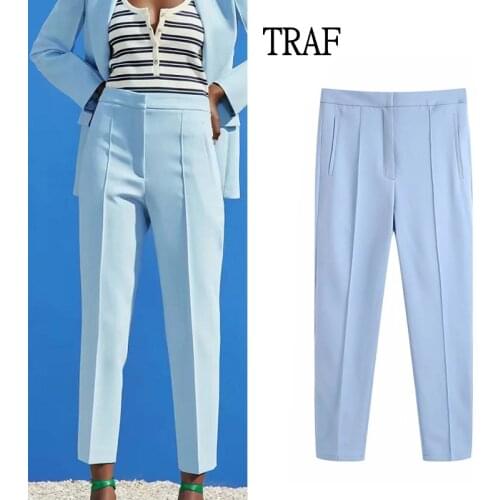 TRAF Pants Women Za 2021 Fashion Office Side Pockets Straight Pants Vintage High Waist Zipper Women Clothing Female Trousers
