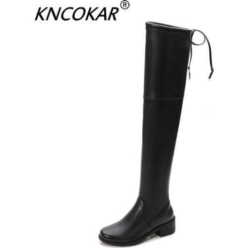 KNCOKAR New High Quality PU Over-The-Knee Spring Boots Of Autumn And Winter Fashion Round Head Martin Boots Thick And High Boots