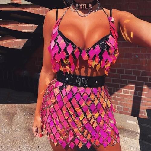 Gradient Color Sequined 2 Piece Outfits Halter Hollow Backless Sleeveless Bra Crop Tops Sexy Mini Skirt Women Party Matching Set