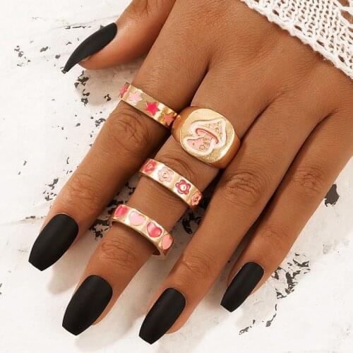 Tocona 4pcs/sets Cute Pink Mushroom Joint Ring Sets for Women Charms Heart Flowers Star Jewelry Accessories кольца 19102