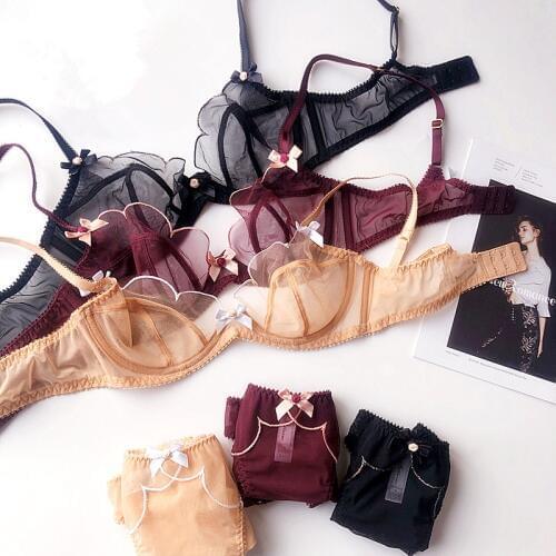 Wriufred Sexy Petals Ultra-thin Mesh Lace Bra Set Underwire Deep V Women Bra Underwear Set Transparent Temptation Lingerie Sets