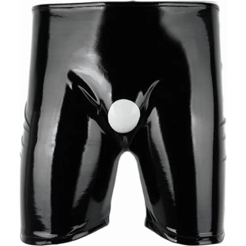 Mens Sexy Open Crotch Shiny Casual Leather Pants For Sex Glossy PVC Latex Crotchless Leather Boxer Male Erotic Bottom Underwear