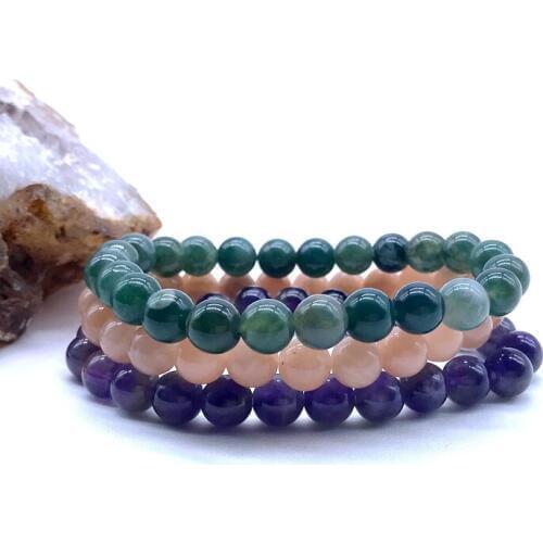 Natural Stone Beads Bracelet Sets 8 mm Round Bead Men Women Elastic Bangle Moss Agates Sun Stone Amethysts Drop Shipping