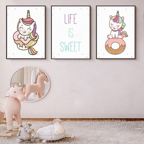 Rainbow Color Donuts Unicorn Poster Nursery Wall Art Pictures Life Is Sweet Canvas Painting Minimalist Art Baby Kids Room Decor