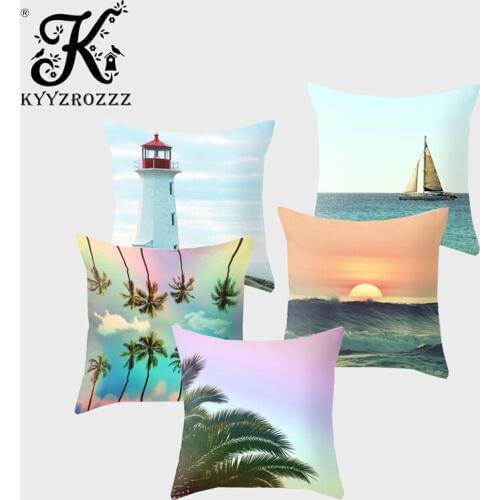 Summer Ocean Beach Polyester Printed Cushion Cover Landscape Tropical Plant Tree Pattern Home Decoration Car Sofa Pillowcase45cm