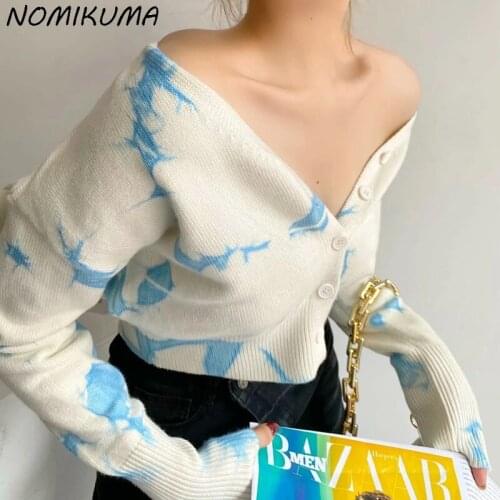Nomikuma 2021 New V-neck Causal Sweater Coat Korean Tie Dye Long Sleeve Knitted Cardigan Autumn Winter New Short Knitwear 6L503