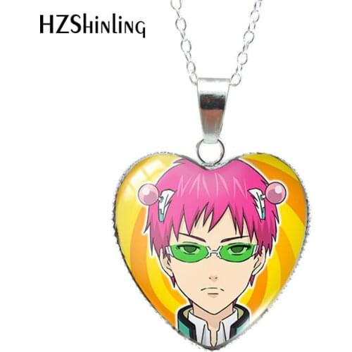 2021 New Arrival The Disastrous Life of Saiki Kusuo Anime Heart Shaped Glass Cabochon Pendants Fashion Jewelry Necklace