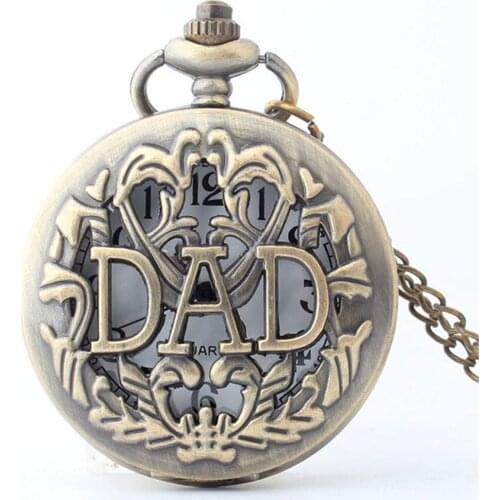 New Fashion Bronze "DAD" Display Quartz Pocket Watch Analog Pendant Necklace Mens Watches Gift CF1011