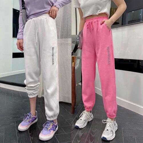 Springs new 100-legged sweatpants womens embossed letter loose-fitting nine-point casual high-waisted thin Harlan wei pants