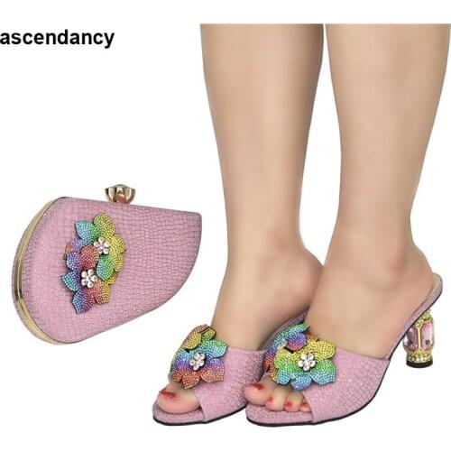 New Women Sandals Elegant Nigerian Women Pumps Shoe for Party High Quality African Shoes and Bag Set Decorated with Rhinestone