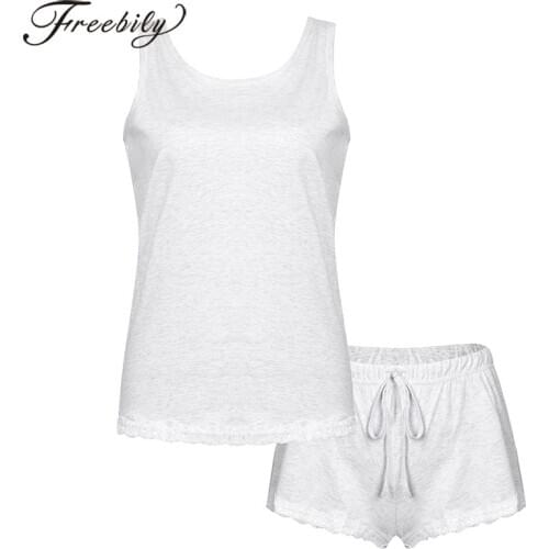Women Summer Cotton Lace Trim Pajama Set Sleepwear Nightwear Girls Soft Lounge Home Wear Sleeveless Sleep Vest Top Shorts Outfit