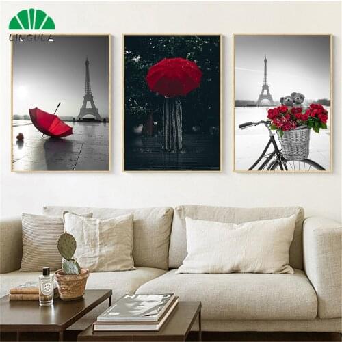 Paris Black White Painting Red Umbrella Bumbershoot Bicycle Nordic Posters and Prints Canvas Wall Art Living Room Decoration