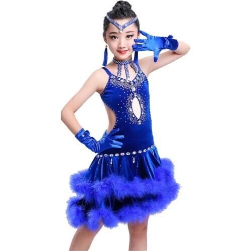 8pcs Hand Made Latin Dance Dress Girls Flamengo Dancing Costumes Students Tango Tassel Suit Fur Diamond Competition Wear D-0279