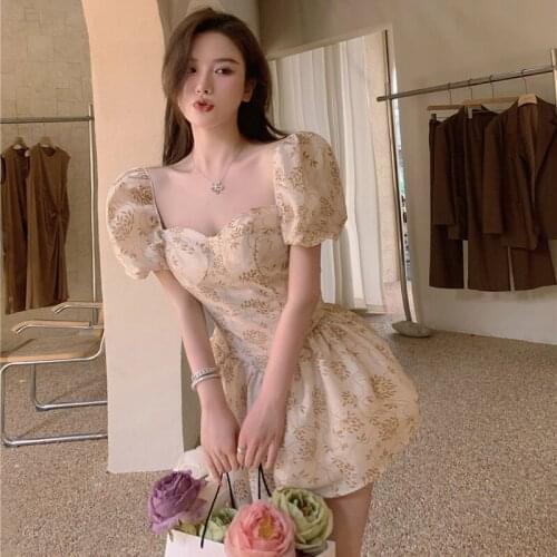 Dress French Puff Sleeve Square Neck Floral Skirt Summer Waist A-line Skirt Retro Temperament Skirt Women