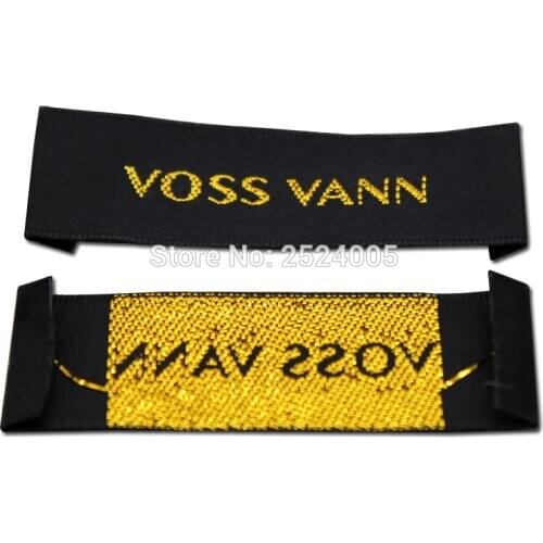 Custom garment black satin woven labels with golden text/trademark/clothing embroidered tags/printed labels/brand Free Shipping