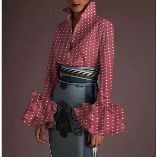 Casual Print Tops VONDA 2021 Autumn Long Sleeve Polka Dot Puff Sleeve Blouses Elegant Office Lady Lapel Neck Button Party Shirt