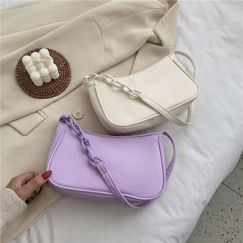 Simple Women Baguette Shoulder Bags Fashion PU Leather Ladies Small Purse Handbags Solid Color Acrylic Chain Female Armpit Bag